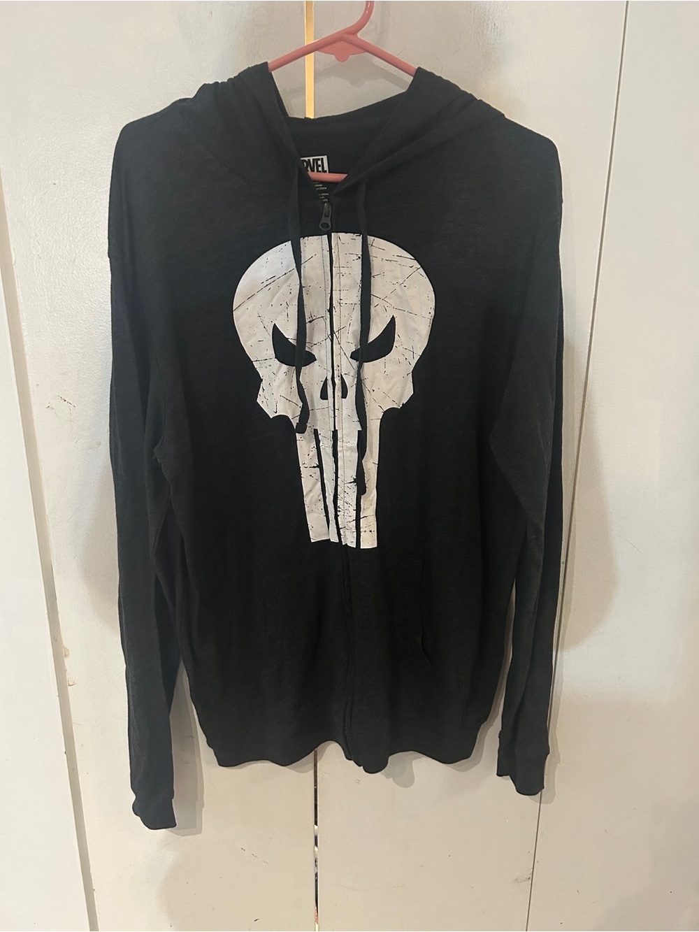 Marvel Black Zip-Up Hoodie with White Punisher Skull Graphic
